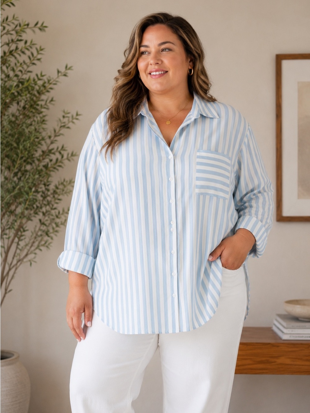 Torrid Size 6 (6X) Blue & White Stripe Button-Up Shirt NWT 100% Rayon
